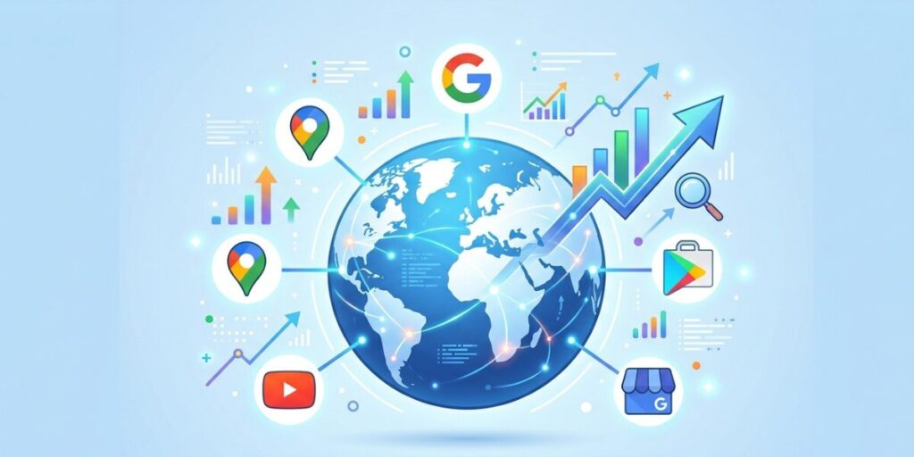 A flowchart showing the stages of building a Google search engine marketing strategy, from planning to execution and analysis.