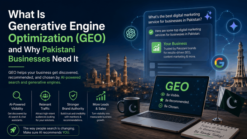 Visual representation of Generative Engine Optimization (GEO) strategies tailored for Pakistani businesses to improve online presence.