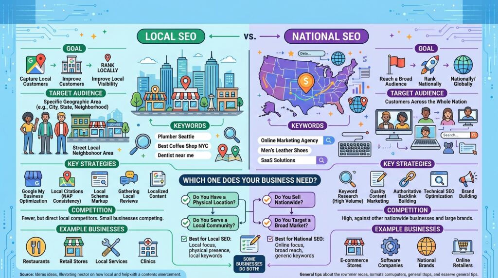 Comparison of local SEO and national SEO strategies for businesses, highlighting their unique benefits and applications.