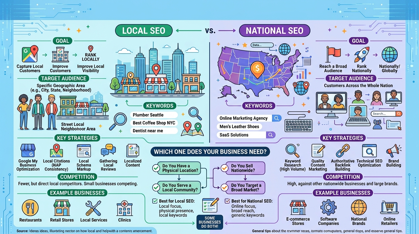 Comparison of local SEO and national SEO strategies for businesses, highlighting their unique benefits and applications.