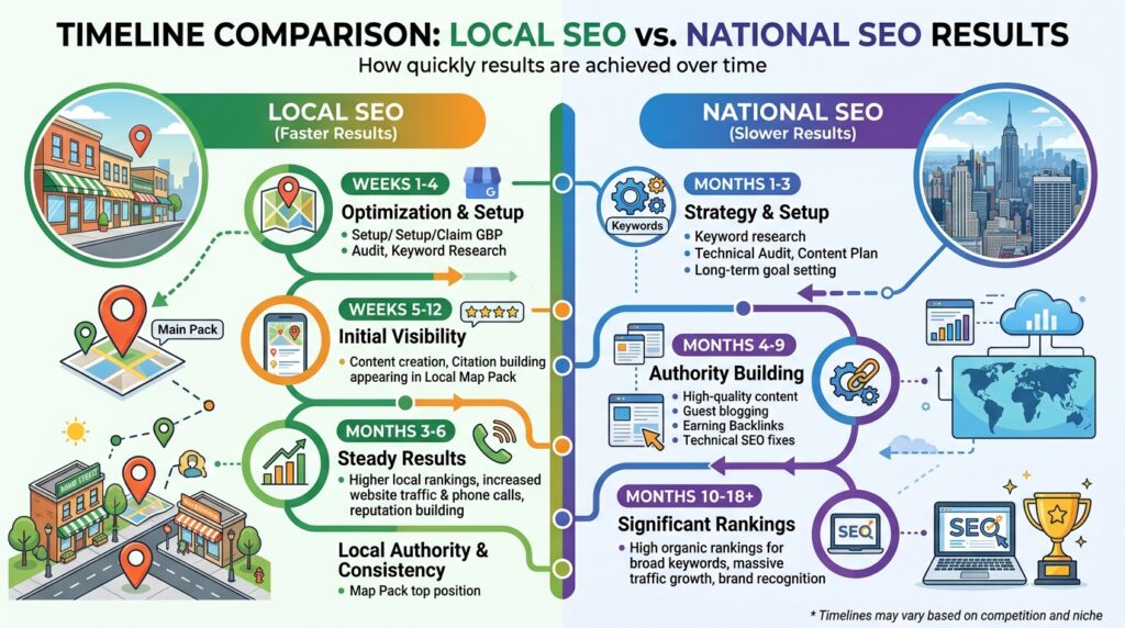 Local SEO versus national SEO cost and timeline comparison