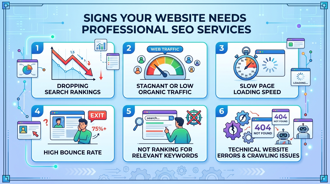 Visual representation of five indicators that suggest your website requires expert SEO services for better performance.