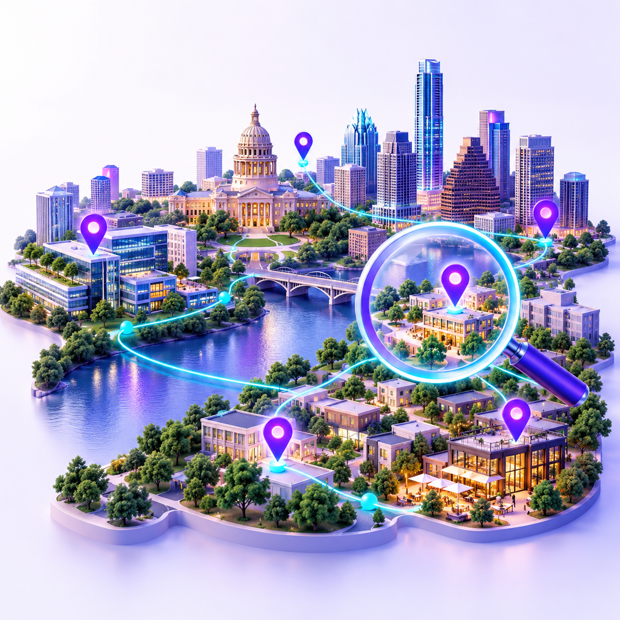 Austin skyline, tech offices and local businesses connected through neighborhood search