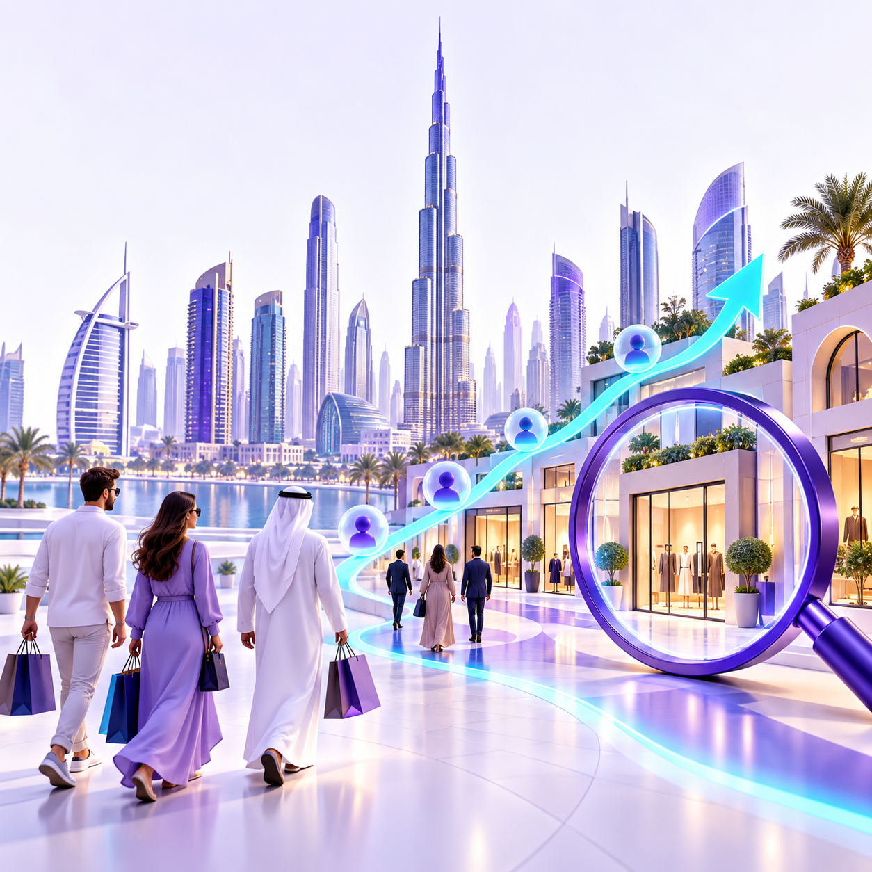 Dubai skyline and local businesses connected by an organic search growth path