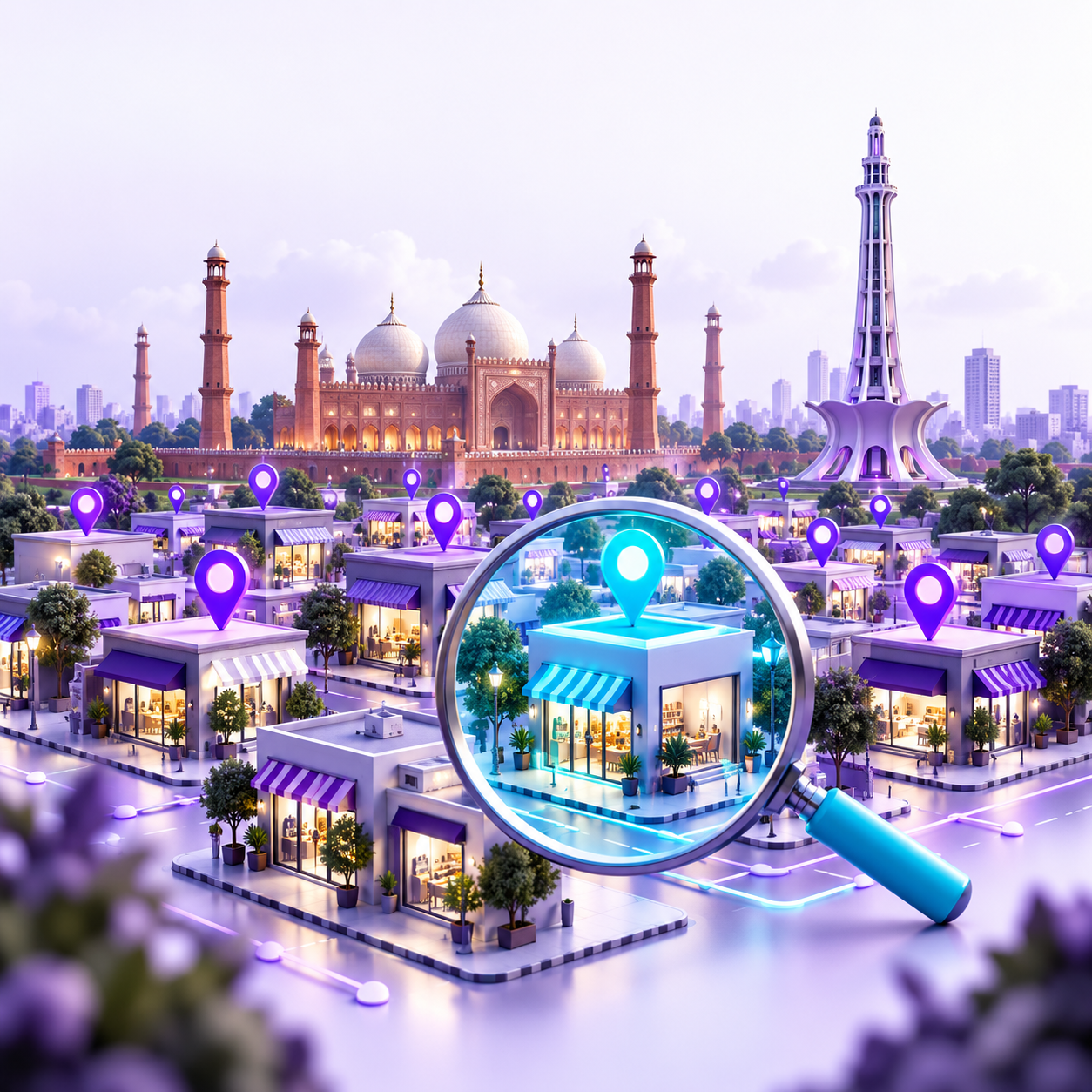 Lahore landmarks and competing local businesses with one storefront highlighted in search