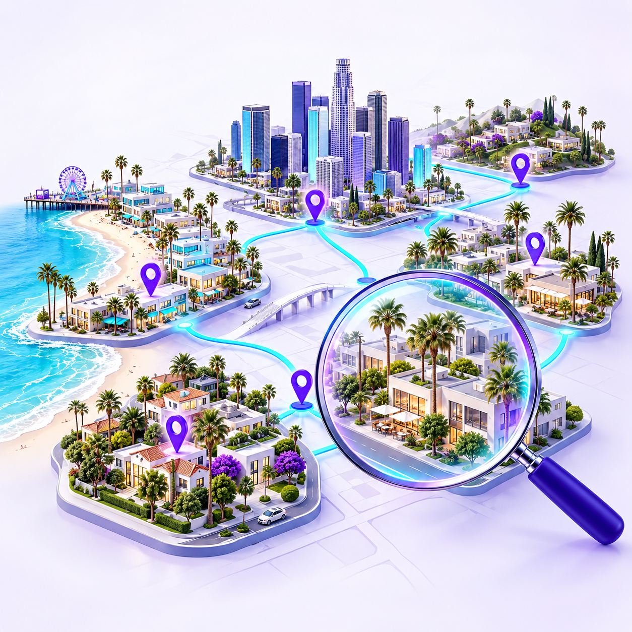 Los Angeles coastal, downtown and residential neighborhoods connected through local search