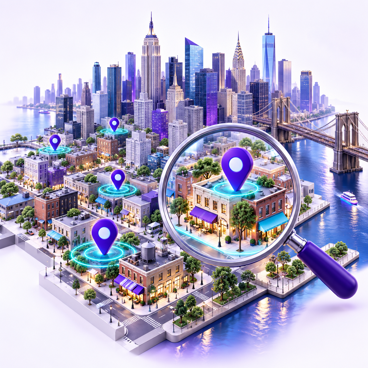 New York neighborhood businesses and local search pins beneath the city skyline