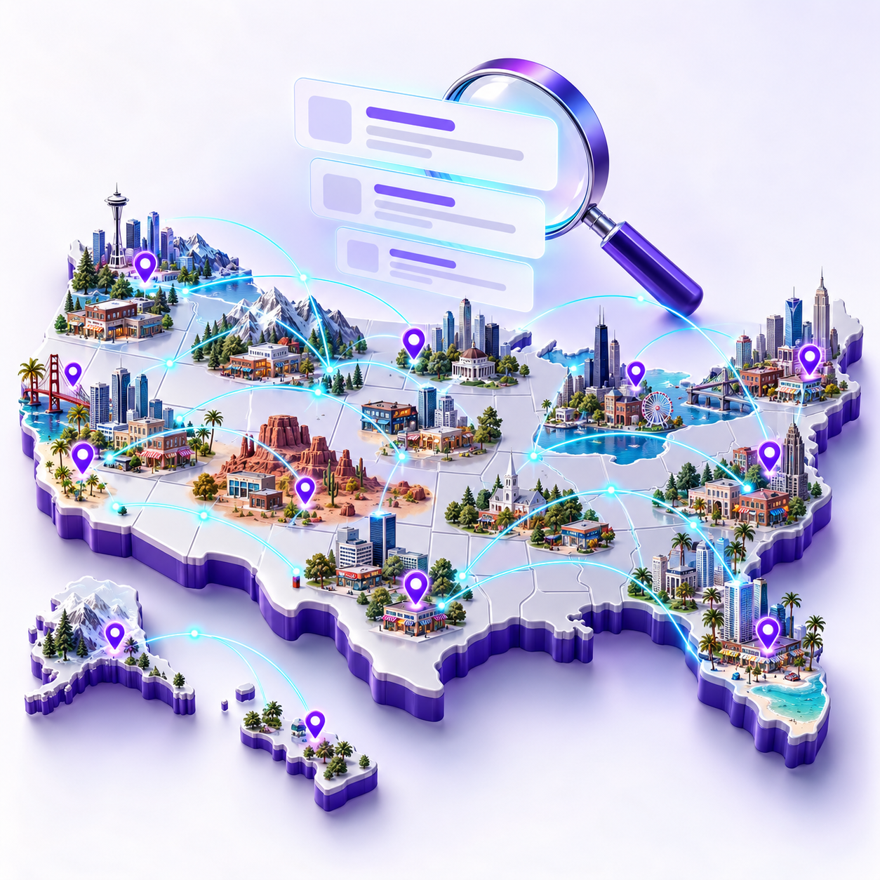 US cities and local businesses connected across a national search network